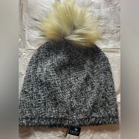 Lauren Ralph Lauren Womens Beanie Hat Metallic Wool Blend Pom Pom One Size NWT